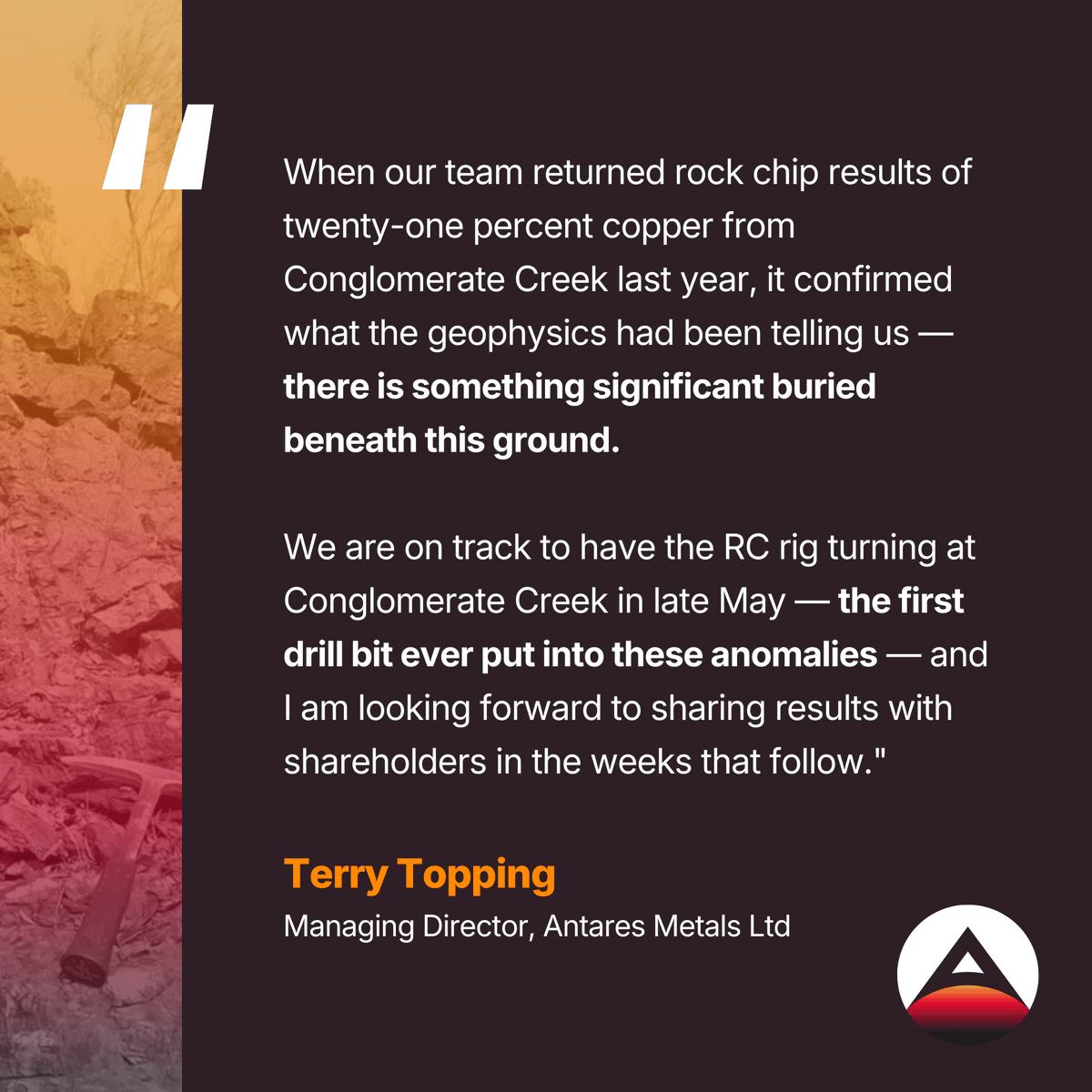 AntaresMetals's tweet photo. A new field campaign is underway at Conglomerate Creek, ahead of maiden drilling to test high-priority subsurface targets at Mt Isa North #Copper Project.

Exceptional results from previous rock chip sampling include:
* 21.30% Cu
* 1.72 g/t Au 
* 506 g/t Ag 

1,000m RC drilling program is planned for late May.

Read the full announcement here: https://t.co/cfdTVpnCC0

$AM5 #ASXnews