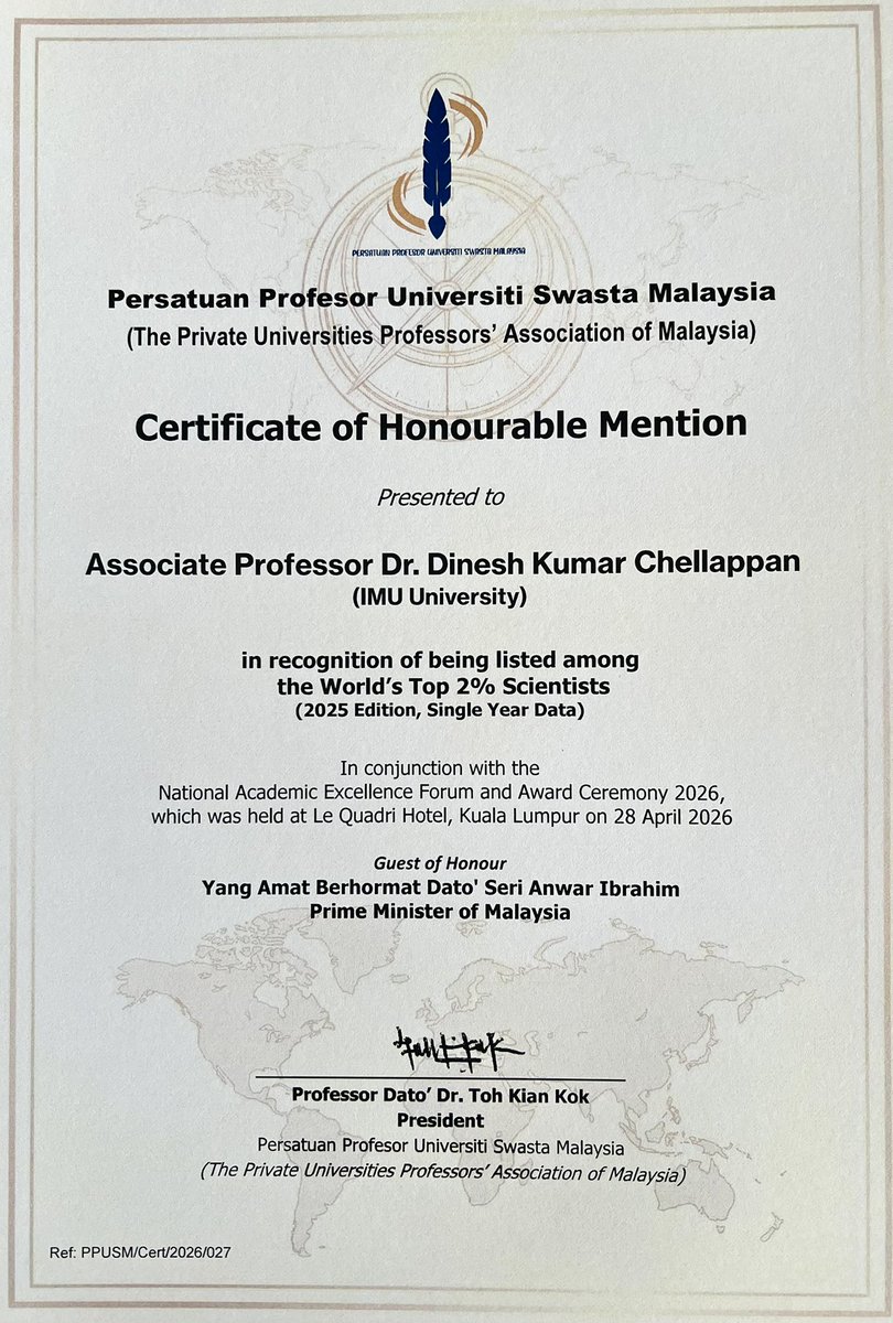 Dinesh_Kumar78's tweet photo. Truly honoured with this recognition to mark my inclusion among the World’s Top2% Scientists consistently. The event was graced by the Honourable Prime Minister of Malaysia, Dato’ Seri Anwar Ibrahim. @imu_pharmacy @IMUMalaysia @Kam_Dua @_atanas_ @DrKeshavRajPau1 @SachinK00306908 https://t.co/OgXZtZ2kkG