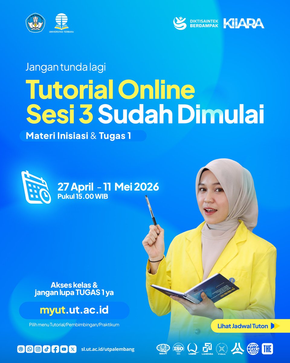 utpalembang's tweet photo. Halo Rekan-rekan Mahasiswa! Jangan sampai terlewat, Tutorial Online Sesi 3 sudah dimulai. Pada sesi ini, selain materi inisiasi, Tugas 1 juga sudah tersedia untuk dikerjakan.

🗓️ Periode: 27 April – 11 Mei 2026
🕒 Waktu: Mulai pukul 15.00 WIB
🌐 Akses: https://t.co/0PDuNeKMNj https://t.co/eq4zvmBNwE