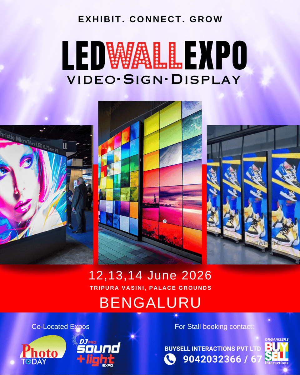 Buysell_Expo's tweet image. Be part of India’s growing LED display and digital signage industry!

Exhibit at LED Wall Expo 2026

📍 Tripura Vasini, Bengaluru
📅 12–14 June 2026

#ledexpo #ledwall #leddisplay #ledvideo #ledvideowall #ledsign #ledsigns