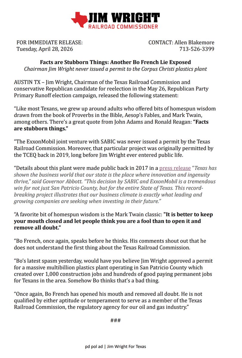 I support Mr. Wright! See his statement regarding the opponent Bo French's BS.