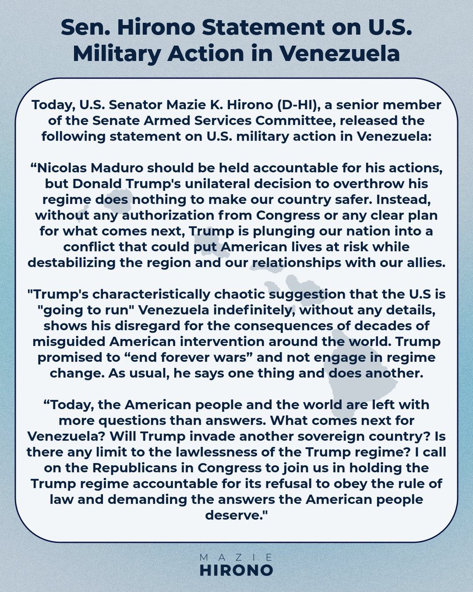 Today, the American people and the world are left with more questions than answers.

My statement on U.S. military action in Venezuela: