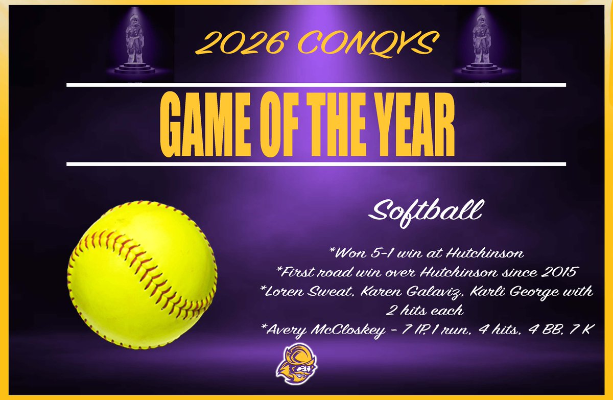 GoConqs's tweet photo. 🏆CONQY AWARDS🏆

CONQY for Game of the Year - given to team for a BIG win during the season

🥎Softball - 5-1 win at Hutchinson (1st win over Blue Dragons on the road since 2015) #GoConqs @GoConqsSB https://t.co/pKNAfX7Z8m