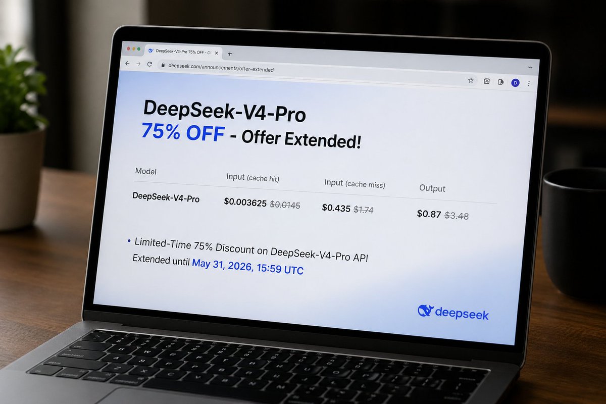 AI_News_AR's tweet image. مددت DeepSeek عرض الخصم 75% على واجهة DeepSeek V4 Pro API حتى 31 مايو 2026 الساعة 15:59 بتوقيت UTC
التمديد يعطي المطورين فرصة أطول لاستخدام النموذج بتكلفة أقل خصوصا للمشاريع التي تعتمد على السياق الطويل واستهلاك API بشكل متكرر

#DeepSeek #AI #API