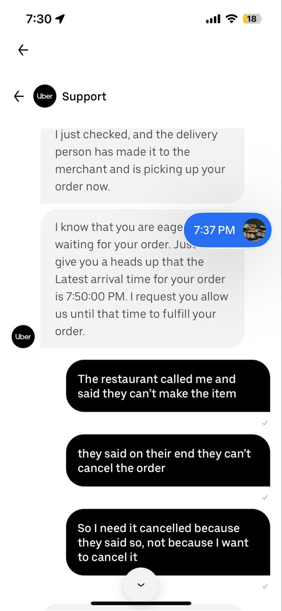 dennydarling's tweet photo. @Uber_Support My uber restaurant said they can’t cancel my order, I talked to customer support &amp; they said they would charge me if I cancelled it, then another agent told me the driver had to cancel it, but now the driver is telling me they can’t cancel it?? https://t.co/Hk1JM5HoZS