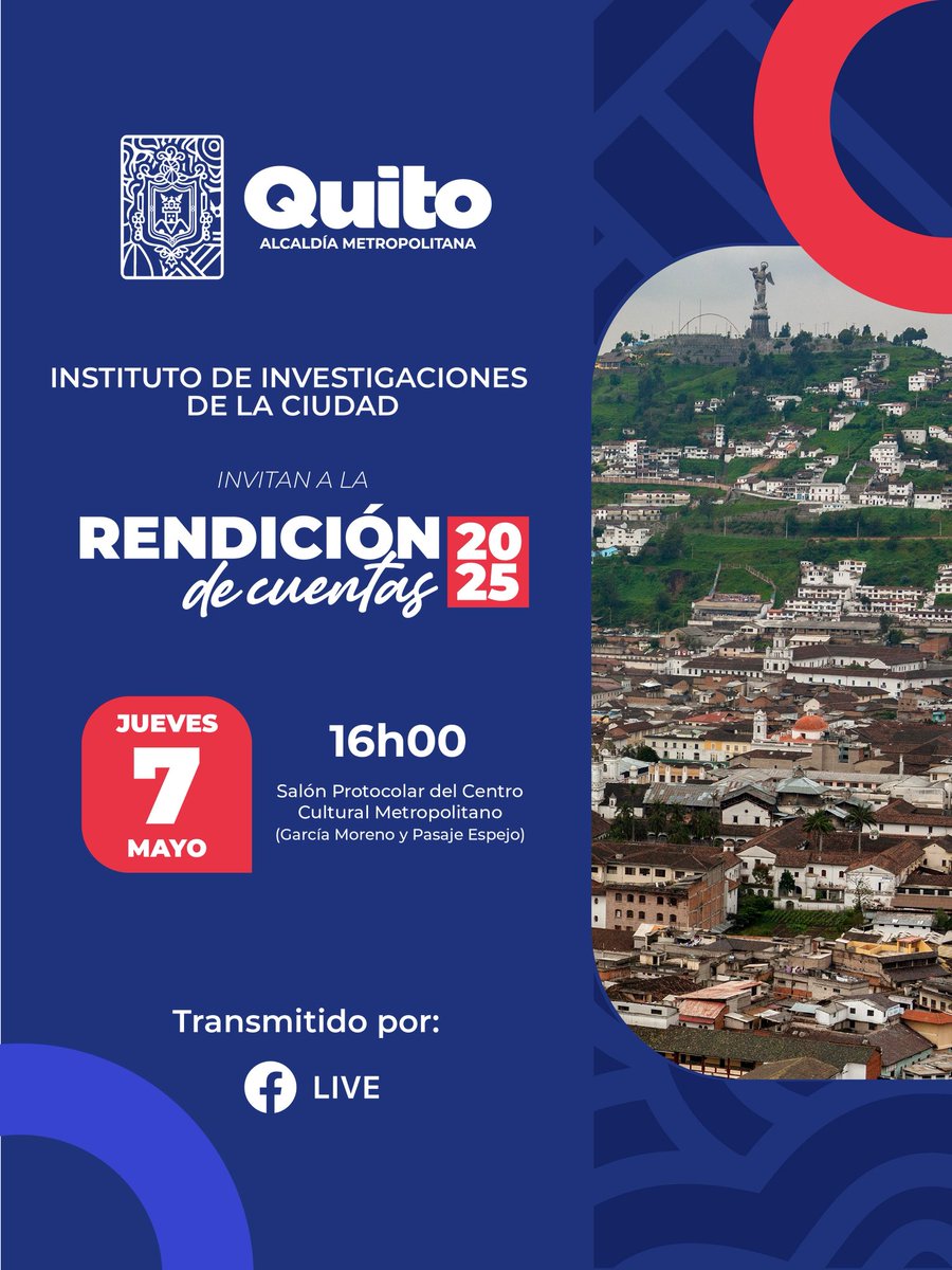 Este jueves 7 de mayo | 16h00
Rendición de Cuentas 2025 del Instituto de Investigaciones de la Ciudad.

📍 Centro Cultural Metropolitano
💻 Facebook Live

Datos para entender Quito.