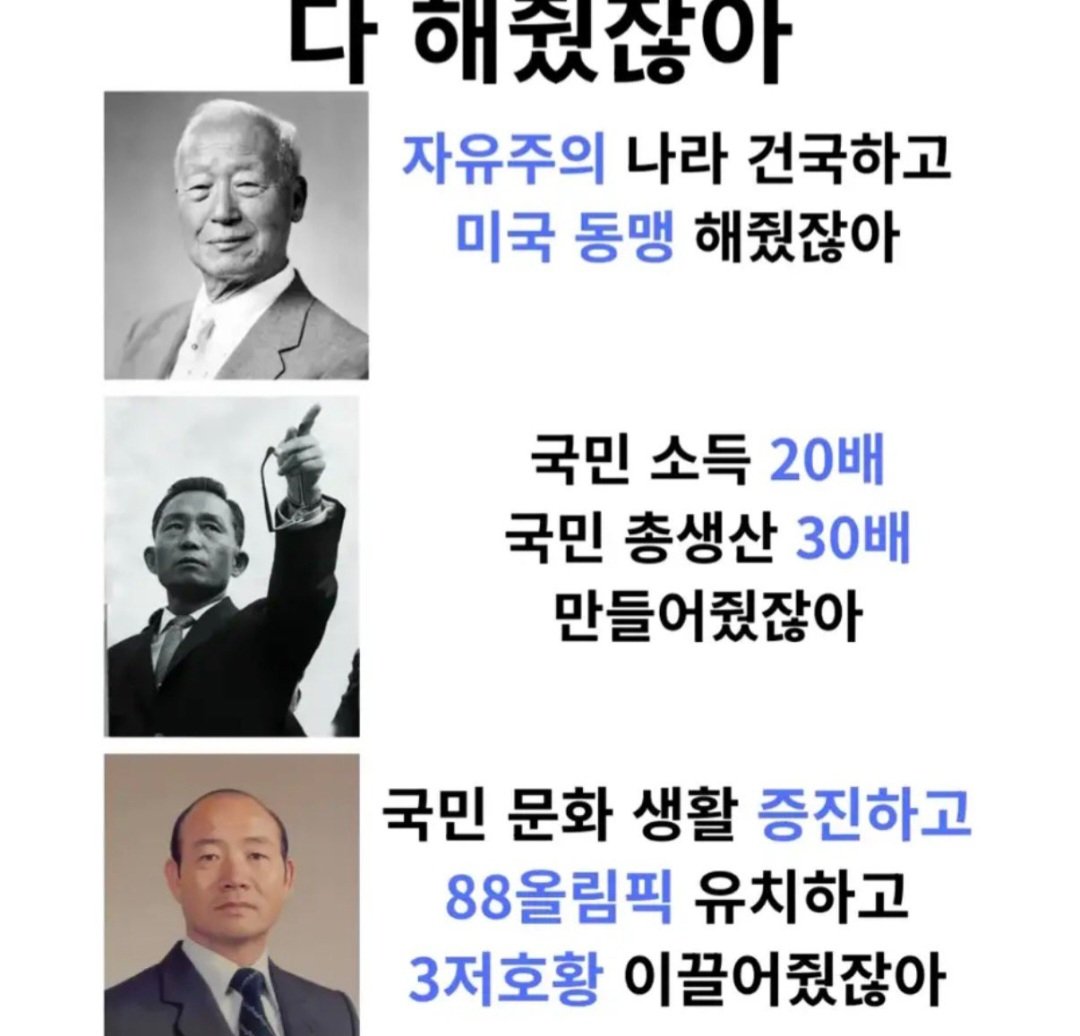 진짜 다해준 우파 대통령들....
이런 사람들을 끌어내린건 좌파들