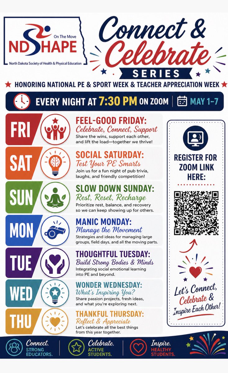 LeahWPE's tweet photo. Looking forward to a great National Physical Education and Sport week! I am so excited to announce with @NDSHAPE we are hosting a week May 1-7 of every night zoom sessions starting at 7:30pm cst to connect and celebrate! Pick a night or two&amp; join the fun! @DrJoeDeutsch @sheezyp1 https://t.co/20ZTn01vff