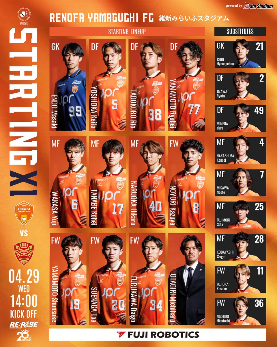 本日のメンバー発表🔥 🆚#FC琉球 14:00キックオフ！ 🟠GK 99 #遠藤雅己