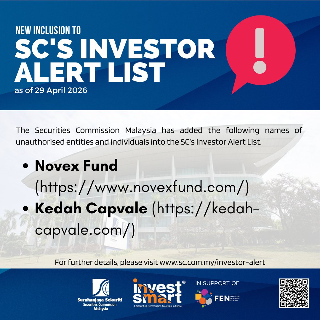 InvestSmart_SC's tweet photo. The SC has updated its Investor Alert List - https://t.co/z0FXkbNJ44…
Always check the SC’s Investor Alert List before investing.

SC telah mengemaskini Senarai Peringatan Pelabur - https://t.co/z0FXkbNJ44…
Sila rujuk Senarai Peringatan Pelabur SC sebelum melabur.
#seccommy https://t.co/E1UgJ3zxHp