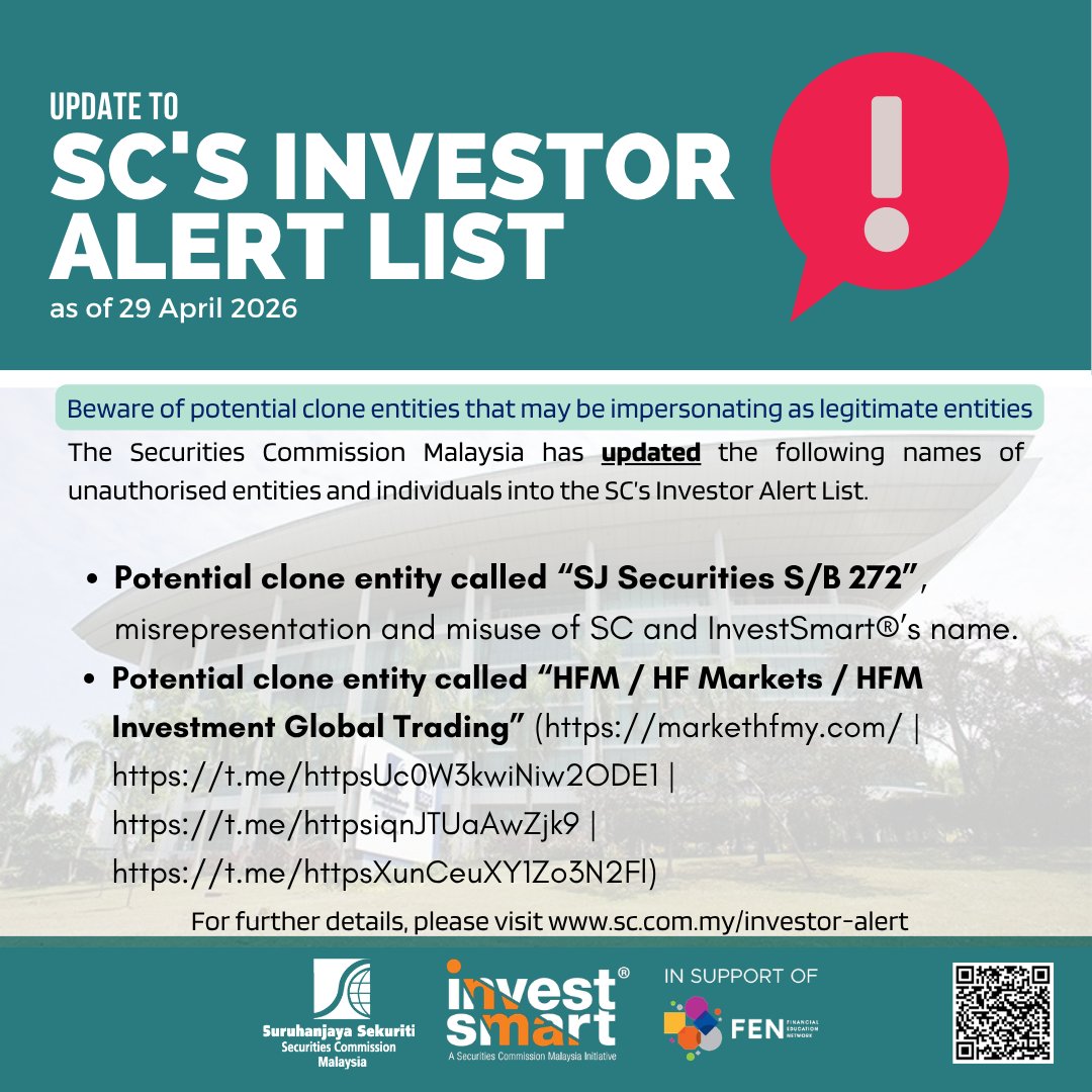 InvestSmart_SC's tweet photo. The SC has updated its Investor Alert List - https://t.co/z0FXkbNJ44…
Always check the SC’s Investor Alert List before investing.

SC telah mengemaskini Senarai Peringatan Pelabur - https://t.co/z0FXkbNJ44…
Sila rujuk Senarai Peringatan Pelabur SC sebelum melabur.
#seccommy https://t.co/E1UgJ3zxHp