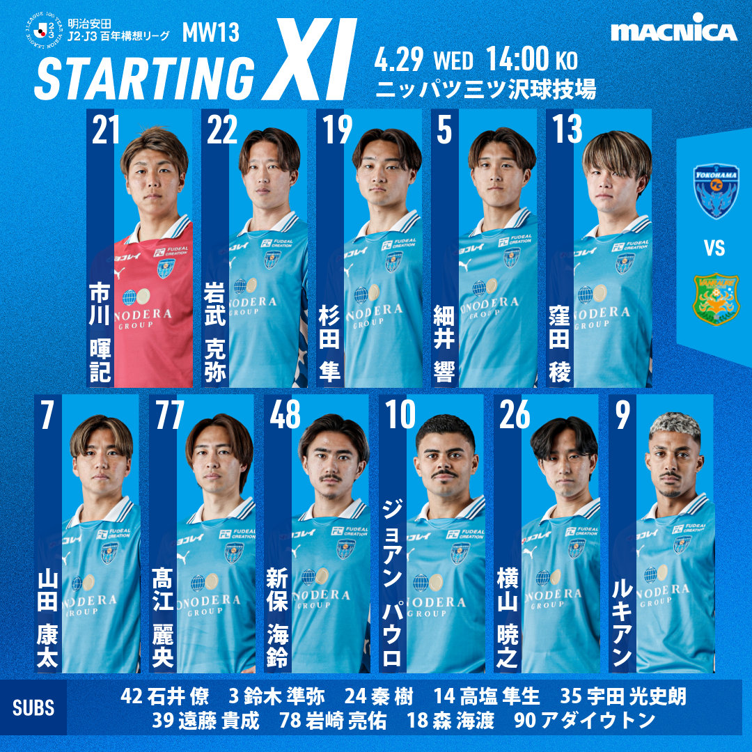 yokohama_fc's tweet image. 🆚ヴァンラーレ八戸 メンバー
GK 市川暉記
DF 岩武克弥 杉田隼 細井響
MF 窪田稜 山田康太 髙江麗央 新保海鈴
FW ジョアンパウロ 横山暁之 ルキアン

SUBS 石井僚 鈴木準弥 秦樹 高塩隼生 宇田光史朗 遠藤貴成 岩崎亮佑 森海渡 アダイウトン

#yokohamafc #横浜FC #横浜FC八戸