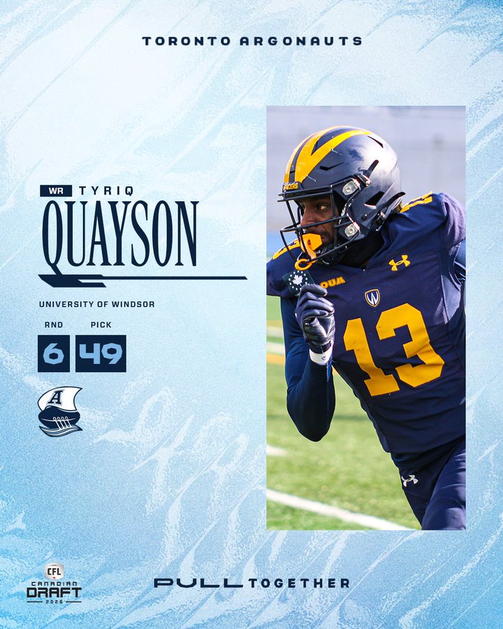 Proplayersagent's tweet image. Congratulations to Tyriq Quayson WR. Selected by the Toronto Argonauts in the 6th Round, 49th overall. #PullTogether #TheSix #DoubleBlue #Argos #CFL @Tyriq_Q8