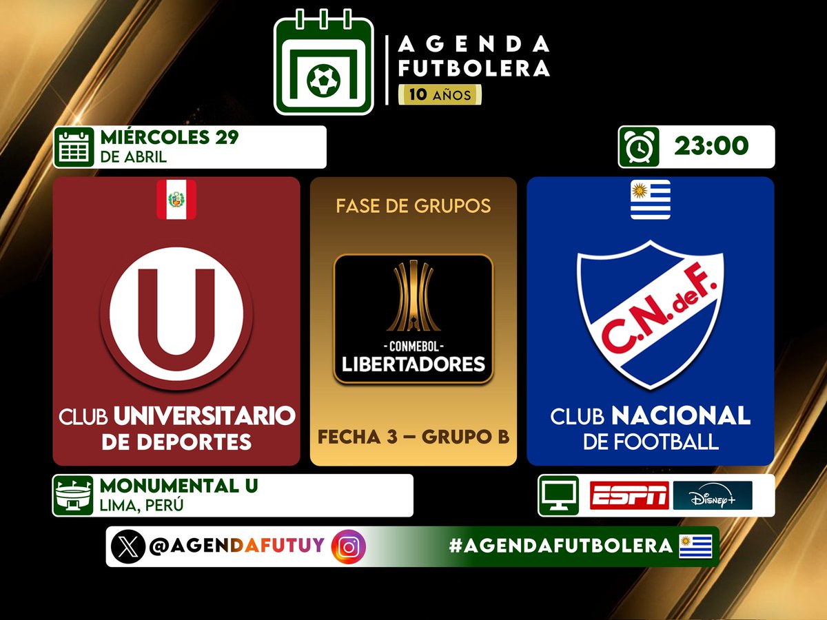 #AgendaFutbolera 🗓️⚽
<a href="/AgendaFutUY/">Agenda Futbolera</a> 👥🔗

✅ 𝑬𝑺𝑷𝑬𝑪𝑰𝑨𝑳𝑬𝑺

➡️ <a href="/ChampionsLeague/">UEFA Champions League</a> 🏆 
Atlético 🇪🇸 🆚 Arsenal 🏴󠁧󠁢󠁥󠁮󠁧󠁿

➡️ #Sudamericana
Juventud 🇺🇾 🆚 Academia Puerto Cabello 🇻🇪

➡️ #Sudamericana    
Riestra 🇦🇷 🆚 M.C. Torque 🇺🇾

➡️ #Libertadores
Universitario 🇵🇪 🆚 Nacional 🇺🇾