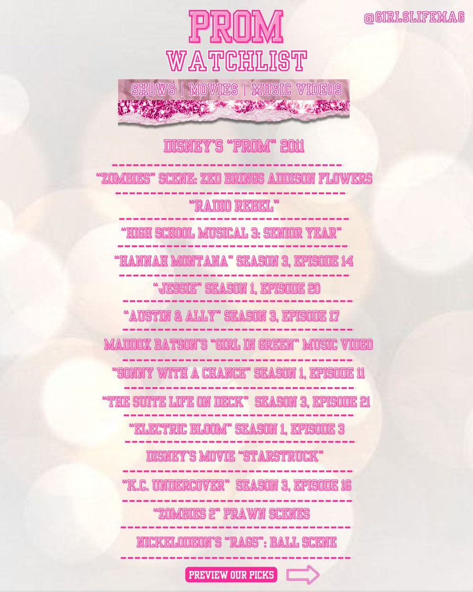 girlslifemag's tweet image. Preview our picks for your prom watch party 💖🪩 

Whether you’re getting ready, just got back from the dance or here for the aesthetic—check out our Insta for the full list and press play 🎉

#promwatchlist #disneychannel #nickelodeon #teenwatchlist #prom