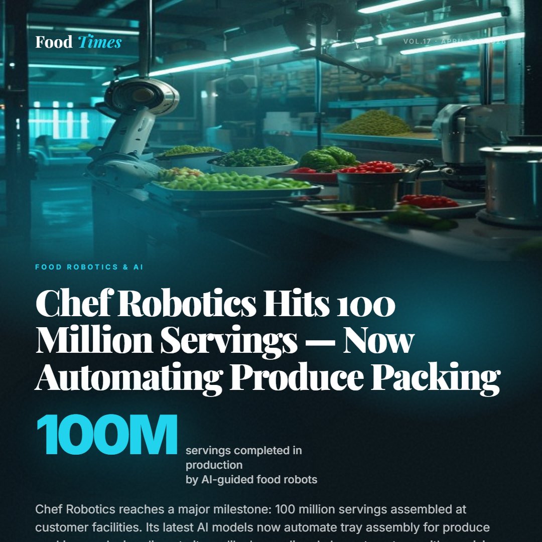 Foodtimes0's tweet photo. 🤖 Chef Robotics just hit 100 MILLION servings in food production — and now its AI models automate produce packing too. The robot food factory era is here.

#FoodRobotics #FoodTech #AI #FoodInnovation #AgriFood https://t.co/Blg96IISE8
