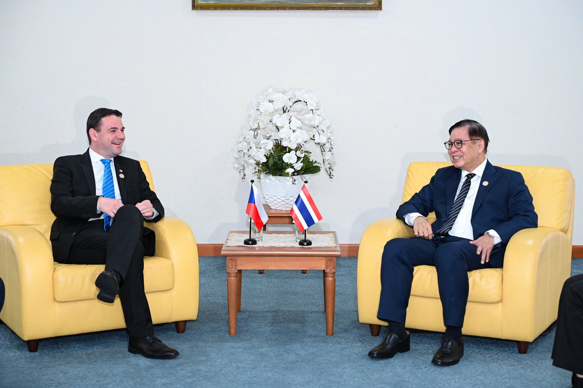 MFAThai's tweet photo. DPM/FM @SihasakPh met with H.E. Mr. Petr Macinka, Deputy Prime Minister and Minister of Foreign Affairs of #CzechRepublic @petr_macinka, on the sidelines of the 25th ASEAN–EU Foreign Ministers’ Meeting #AEMM in #Brunei to exchange views on enhancing cooperation, incl. trade through expediting negotiations on the Thailand - EU FTA, exchange of high-level visits, and investment in key sectors such as automotive, medical, and defence industries, while welcoming progress in military technical cooperation and training. (28 Apr 2026)