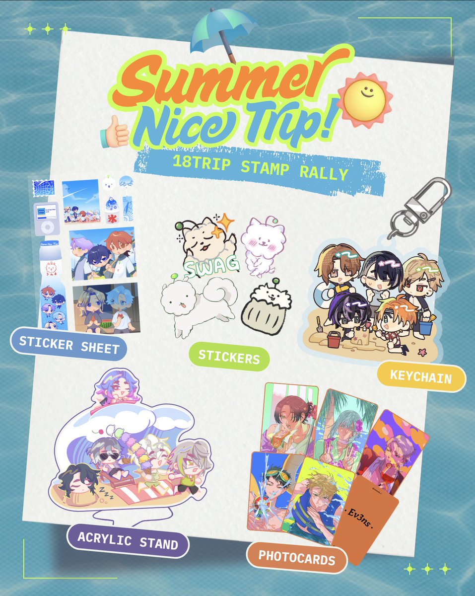arcanecrayonn's tweet photo. [RTs &amp; 💜 HIGHLY APPRECIATED]  

We're hosting a summer-themed 18TRIP stamp rally at Doujima 2026! 🇸🇬 

Here are the prizes! Information on how to participate is in the reply.

HAMA NICE TRIP! ✈️ #doujima2026

(1/2) https://t.co/a4dInHIFmT