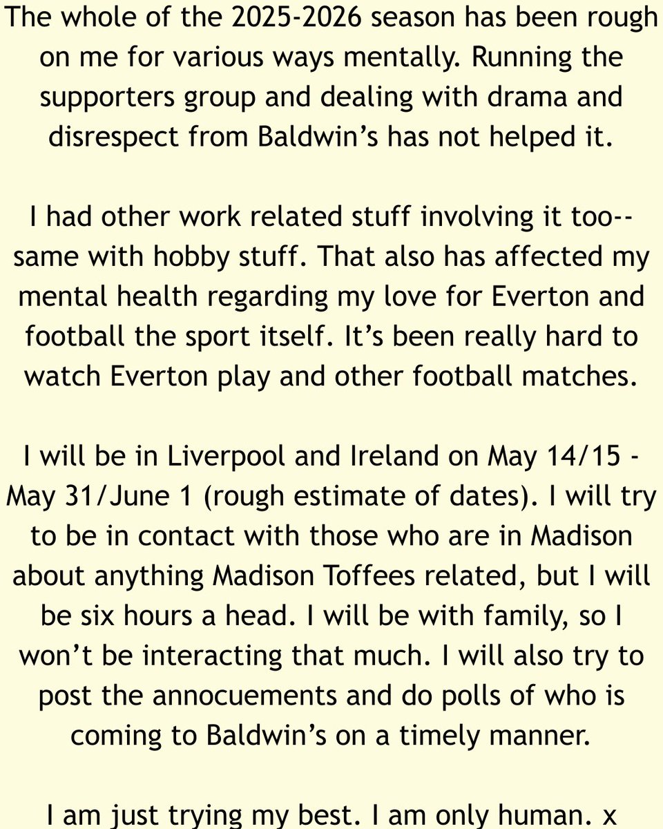 madtowntoffees's tweet photo. This will be one of many this week. I’m doing all of this before my trip to the UK. Please read in full. I’m not repeating this again—I don’t care if I come off as gobby or burn bridges. I’m just bloody tired of this. https://t.co/Gev1T9bQr7