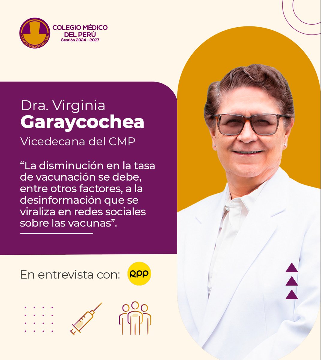 CMP_PERU's tweet image. CMP exhorta a la población a informarse y vacunarse ante el brote de sarampión 💉

La Dra. Virginia Garaycochea, vicedecana del CMP, advirtió en RPP sobre el peligro de la desinformación. 

🔗 Lee la entrevista completa aquí: bit.ly/4wf96wn

#Vacunación #Sarampión #CMP