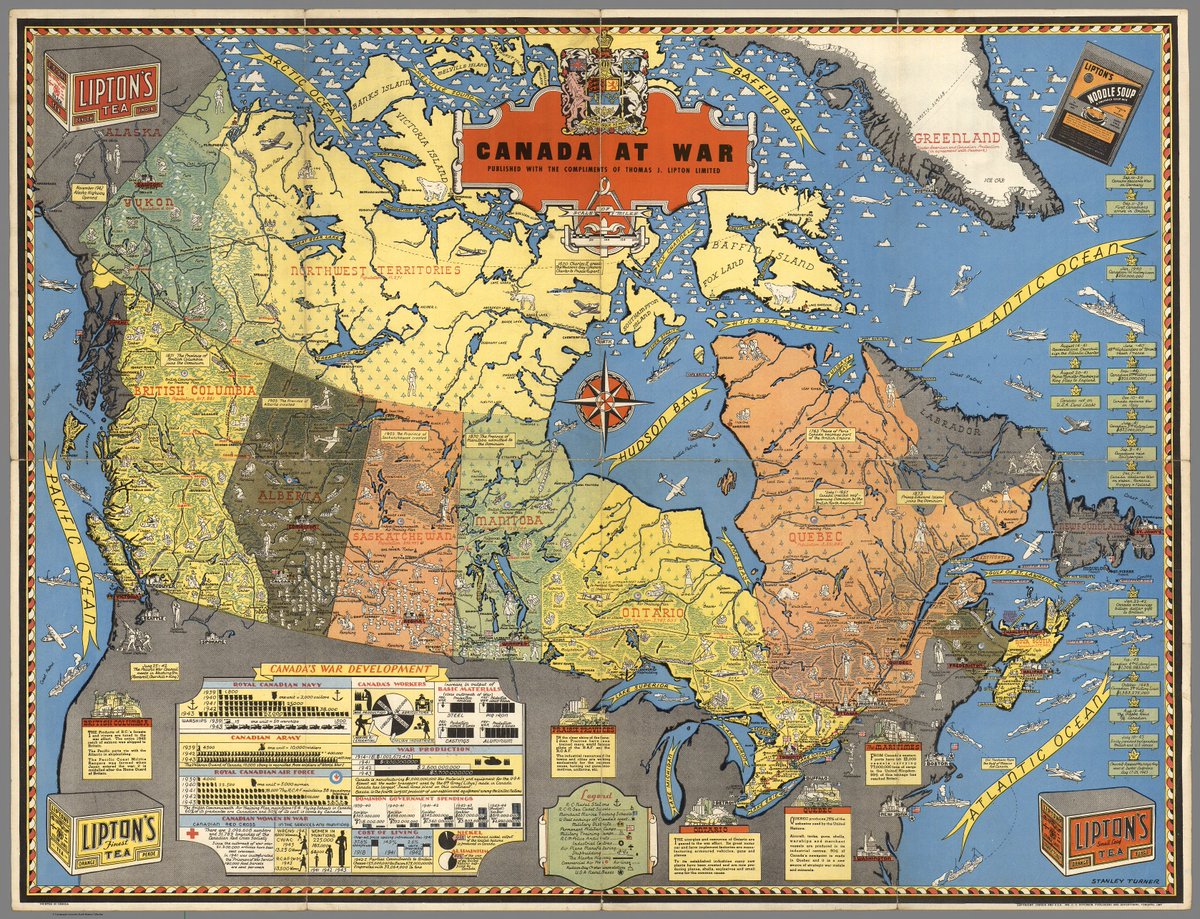 EdmapsCom's tweet image. History, maps, tea and noodle soup: Canada at war (published with the compliments of Thomas J. Lipton Limited)
#history #historical #propaganda #map #Canada #Quebec #Ontario #Alberta #war #WWII #Germany #USA #Britain #UK