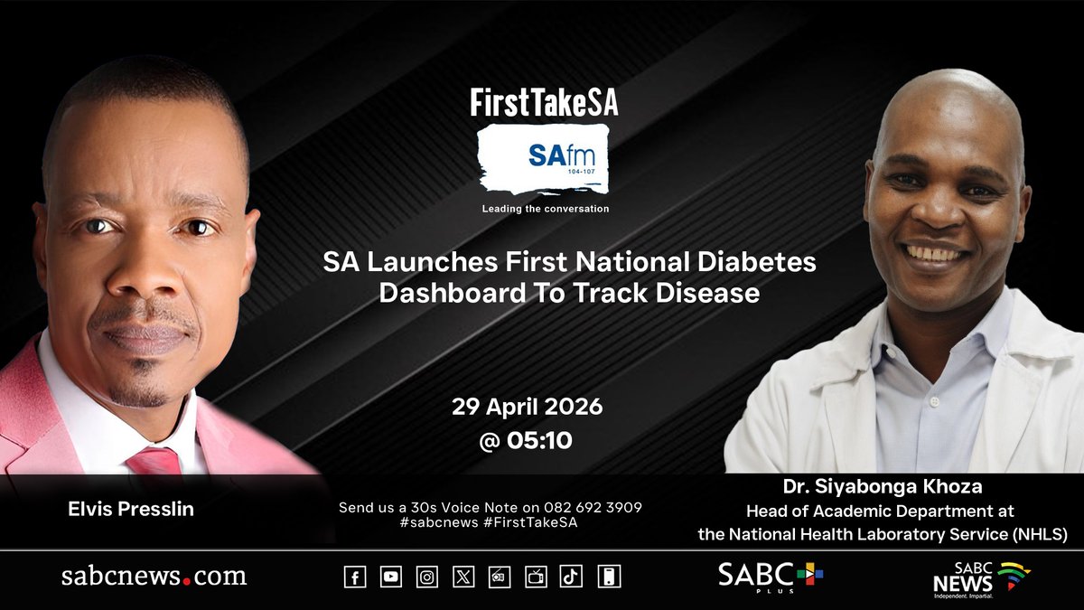 SABCNews_Radio's tweet photo. [COMING UP] South Africa has taken a major step forward in the fight against diabetes, with the launch of the country's first-ever National Diabetes Dashboard by the National Health Laboratory Service.
#SABCNews #FirstTakeSA https://t.co/tKLavkjk1m