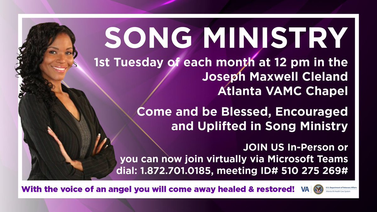 Kenekie's tweet photo. Veterans are welcome to Song Ministry that I do at the U.S. Department of Veterans Affairs Atlanta VA Medical Center Hospital in the Chapel at 12noon every 1st Tuesday of each month. People are encouraged. Glory to God! You can now join by dialing in
#AtlantaVA #VAinAction https://t.co/R4l01Af7Qq