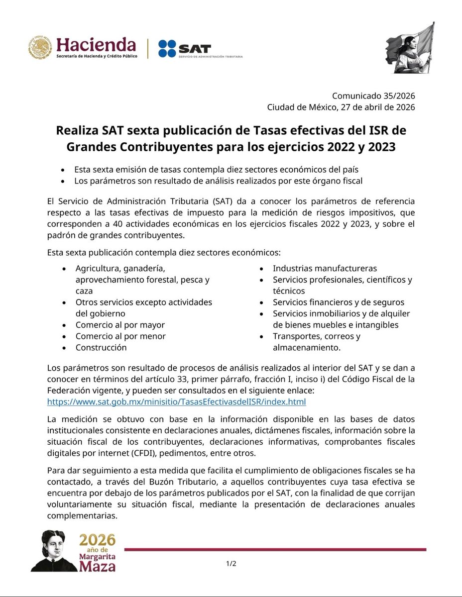 erik_ortuno's tweet image. 📢 El SAT publica nuevas tasas efectivas de ISR para grandes contribuyentes (2022 y 2023).

👉 Ojo: si tu tasa está por debajo del parámetro, podrías estar en riesgo y recibir invitación a corregir vía complementarias.

Consulta aquí 👇
sat.gob.mx/minisitio/Tasa…⁠
#SAT #ISR