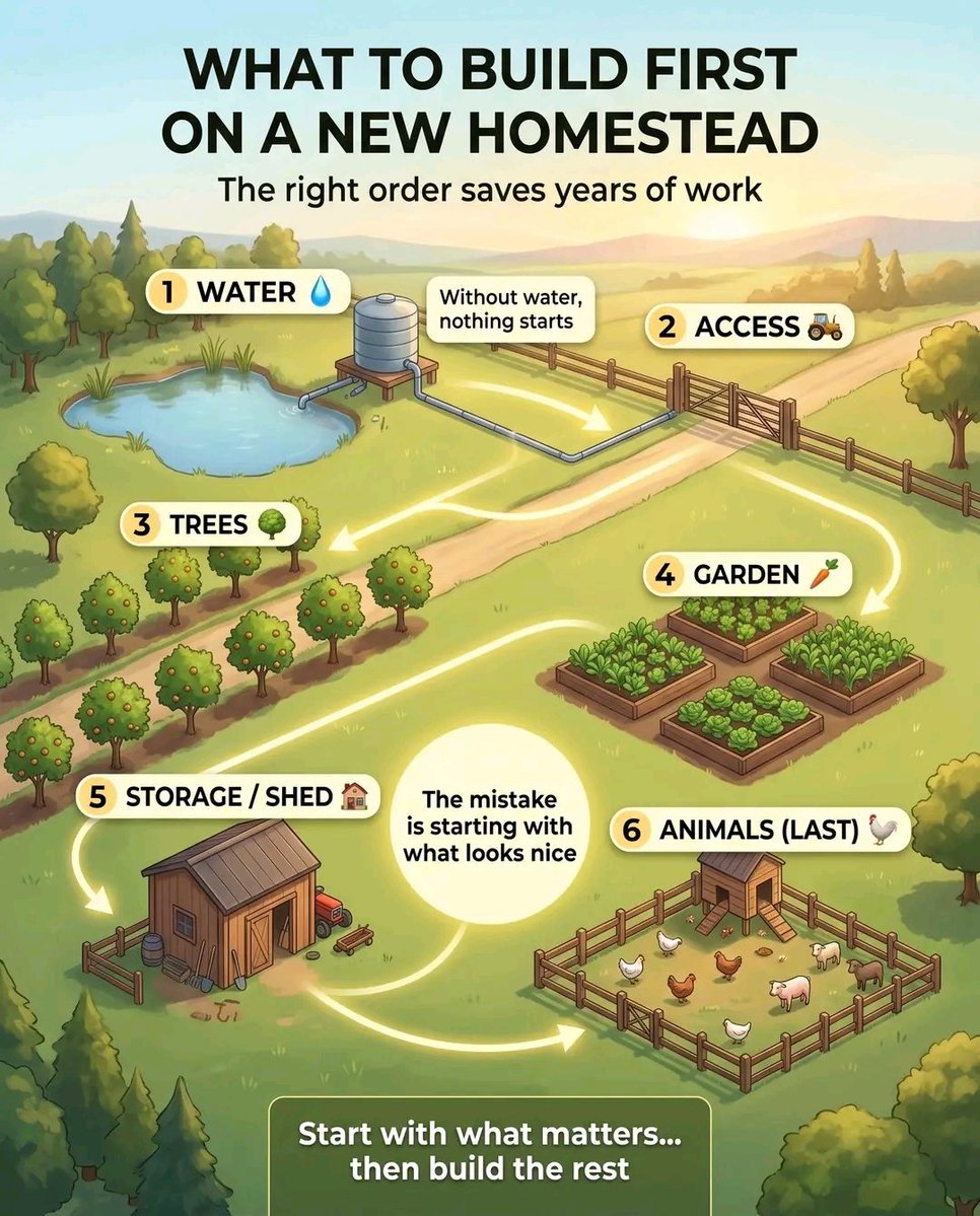 The order of building on a homestead determines long-term productivity and resource efficiency.

Water systems must come first because every plant, animal, and structure depends on a stable supply, often requiring storage tanks or ponds sized to handle weeks without rain. Access