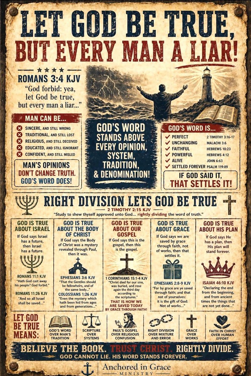 📖 LET GOD BE TRUE, BUT EVERY MAN A LIAR

📖 Romans 3:4 KJV

“God forbid: yea, let God be true, but every man a liar…”

This means God’s word stands above every man’s opinion, tradition, system, denomination, emotion, and commentary.

If God said it, that settles it.

Man may
