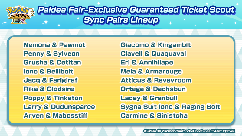 PokemonMasters's tweet photo. If the rally posts get 5,000 reposts and 5,000 likes, everyone will get one Paldea Fair–Exclusive Gtd. Ticket, which lets you team up with a Paldea Fair–exclusive sync pair at random!

Rally details: ⬇️ 
https://t.co/e34zJ4QHvC https://t.co/amrbDTURxC
