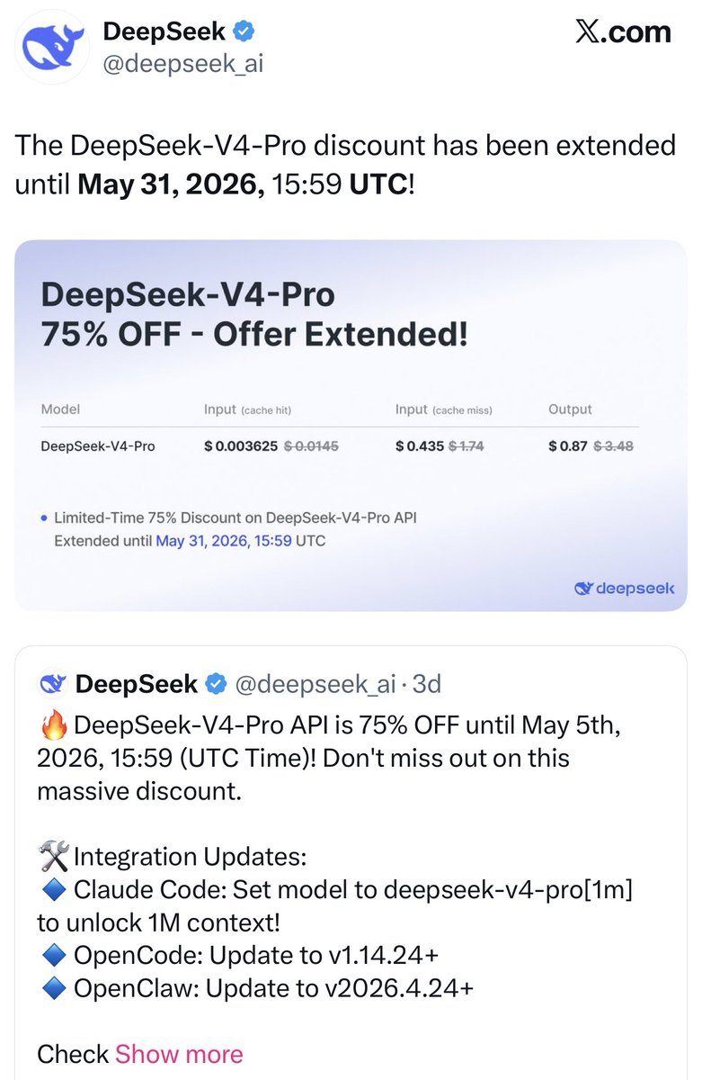 DeepSeek extended its V4-Pro API discount (75% off) through May 31. On ...