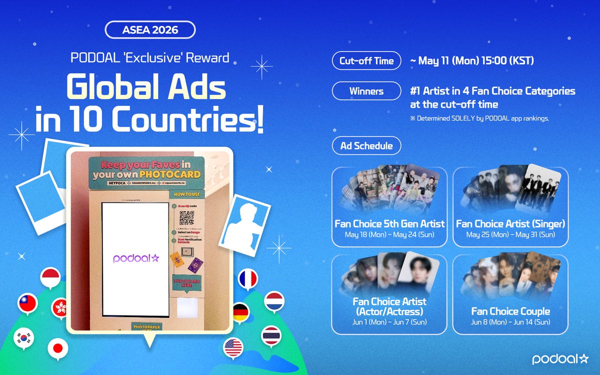 podoal_official's tweet image. [#EVENT]

🏆Celebrating ASEA2026 Finals🏆
PODOAL Exclusive Reward NOW OPEN!💗

Feature your artist in 10 countries worldwide!✨
🇰🇷 🇯🇵 🇹🇼 🇮🇩 🇭🇰 🇹🇭 🇺🇸 🇫🇷 🇳🇱 🇩🇪
Gift your artist a global ad!

🎁Special Reward
HeyPoca Kiosk Video Ads in 10 Countries!🌎
💗 Winners : #1 in 4 Fan Choice