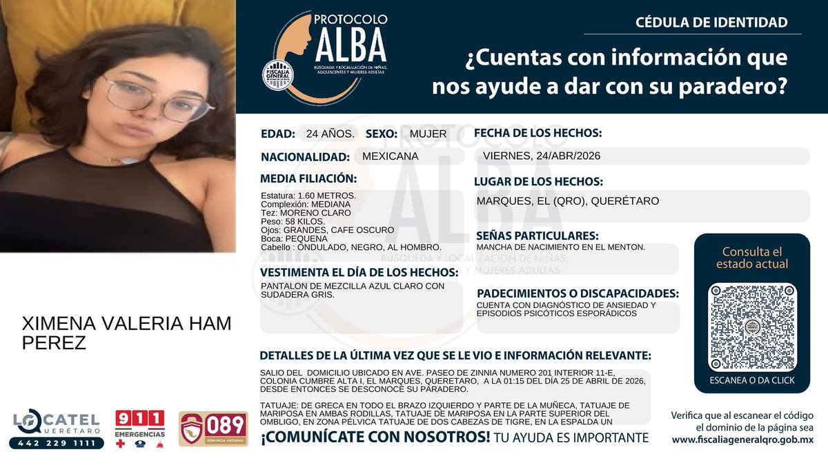 fiscaliaqro's tweet photo. #PROTOCOLOALBA| Hacemos una convocatoria de colaboración a la ciudadanía, para la búsqueda y localización de XIMENA VALERIA HAM PÉREZ. 

¿Cuentas con información que nos ayude para localizarla? Comunícate a Locatel al 442 229 111, al número de emergencias al 911 y de manera anónima al 089. #Conectar 
#QueLaRedNosAcerque #ParaQueNadieHagaFalta