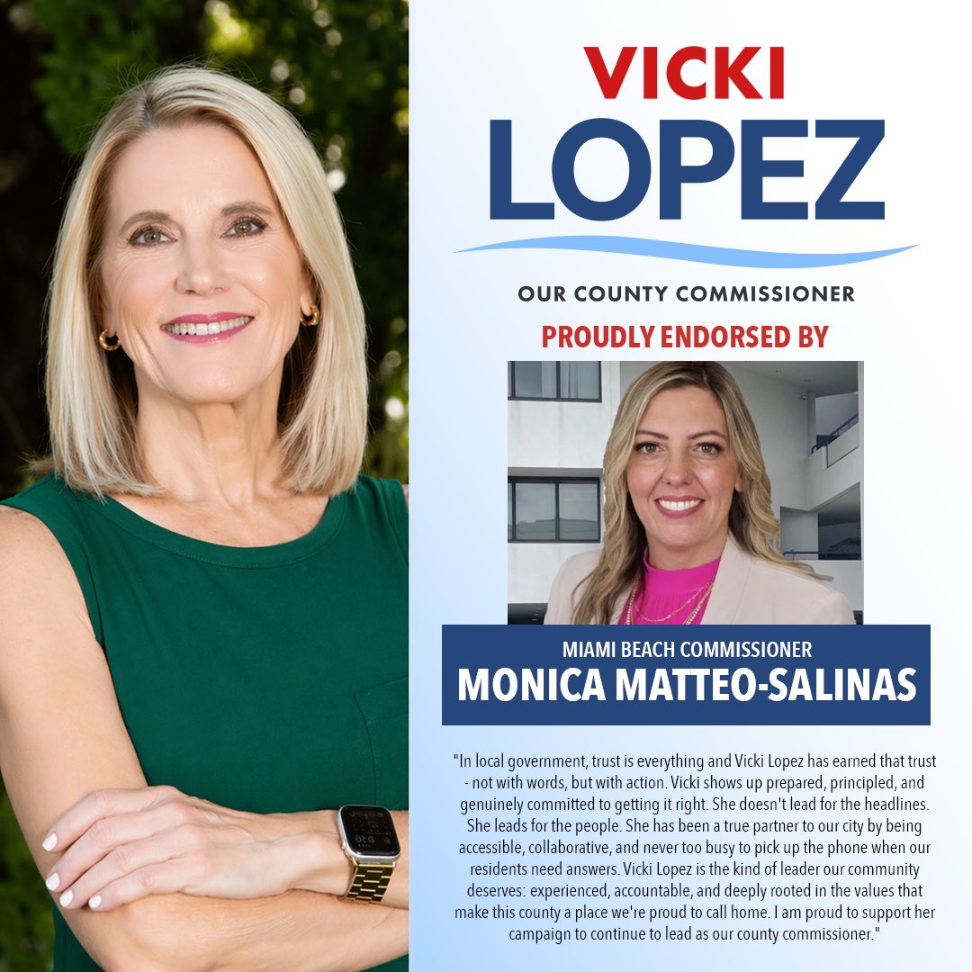 vickiforflorida's tweet photo. I’m honored to have the support of Miami Beach @monicamatteosalinas. Monica is working every day to serve Miami Beach residents, and I’m grateful to have her partnership as we continue tackling important issues like housing, safety, infrastructure, and quality of life. https://t.co/EXKOh1aLHo