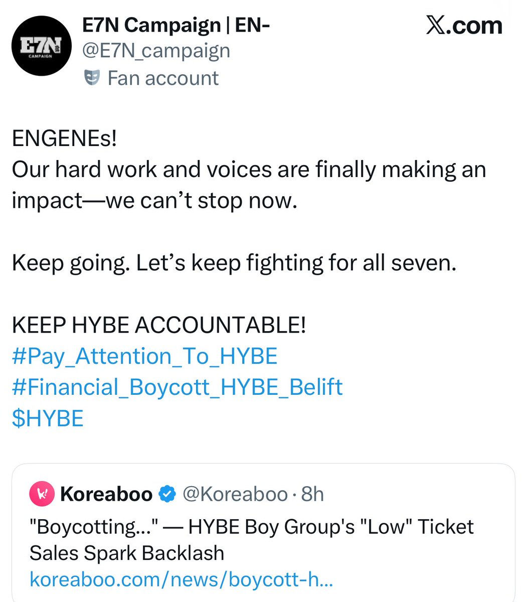 "our hard work"? what hard work? sitting, dropping tags &amp; disrespecting them? you're cheering over numbers not selling out while they're out there working their ass off to perform &amp; prove they're still the same enhypen that we know