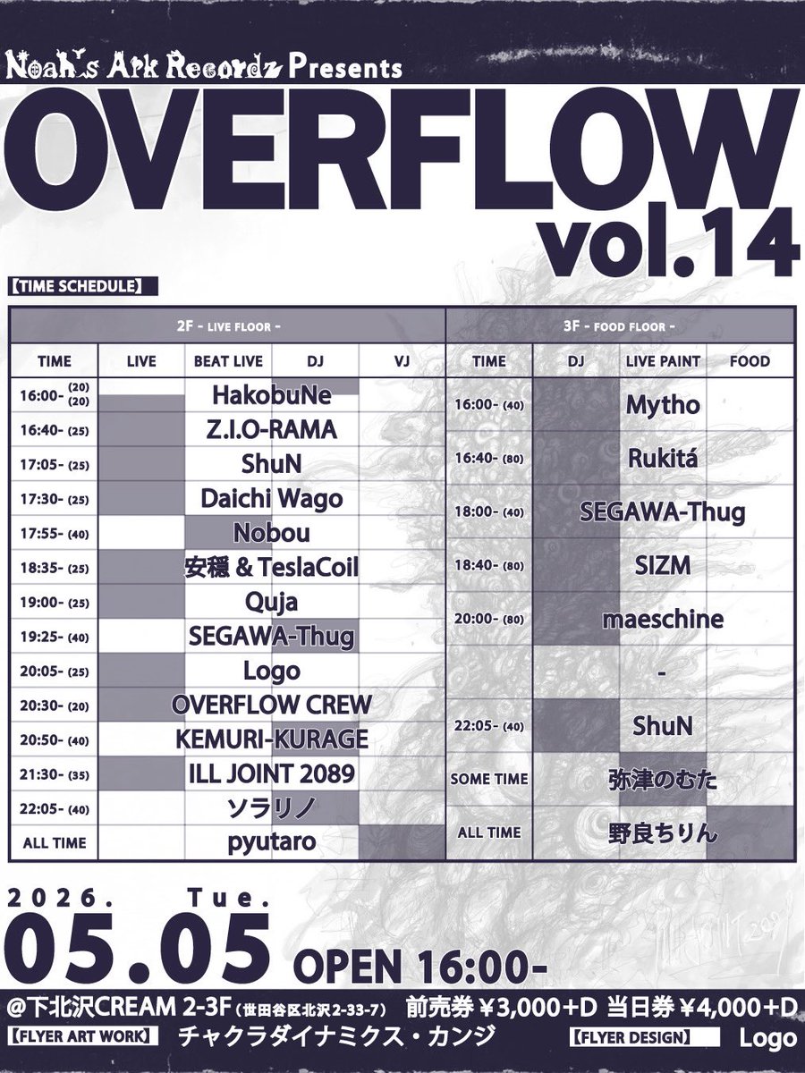 OVERFLOW_NARP's tweet photo. 【タイムテーブル公開】

OVERFLOW vol.14

2026.05.05 Tue.
OPEN 16:00-

@下北沢CREAM
（世田谷区北沢2-33-7）

前売券 \3,000+D
当日券 \4,000+D
(前売券はDMまで🕊️)

【SP GUEST LIVE】
YAMANE, ELOQ, JUMBO, CAYNN and
KEMURI-KURAGE of ILL JOINT 2089

【GUEST LIVE】
Daichi Wago / Z.I.O-RAMA https://t.co/yUAfUmhvtX