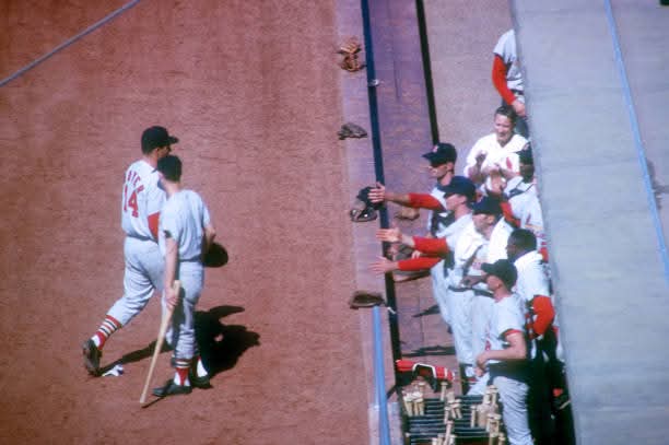 VanderlansJim's tweet image. April 28, 1963 - Ken Boyer (#14) of the #STLCards is congratulated by his teammates in the dugout after hitting one of his two homers during their game against the Los Angeles #Dodgers at Dodger Stadium.
( 📸 Hy Peskin)
#MLB #OTD #1960s