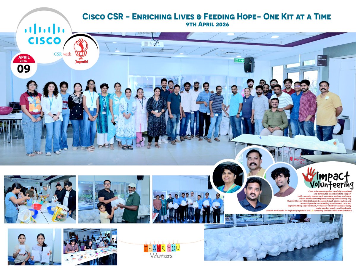 cisco_in's tweet photo. Cisco + @JagruthiNGO packed 750+ grocery kits in 3 days. 400+ volunteers gave 800+ hours to support WPR ground staff.

Partnerships amplify impact—compassion in action. 🤝

#CiscoCSR #WeAreCisco https://t.co/a0l9gEhVsN
