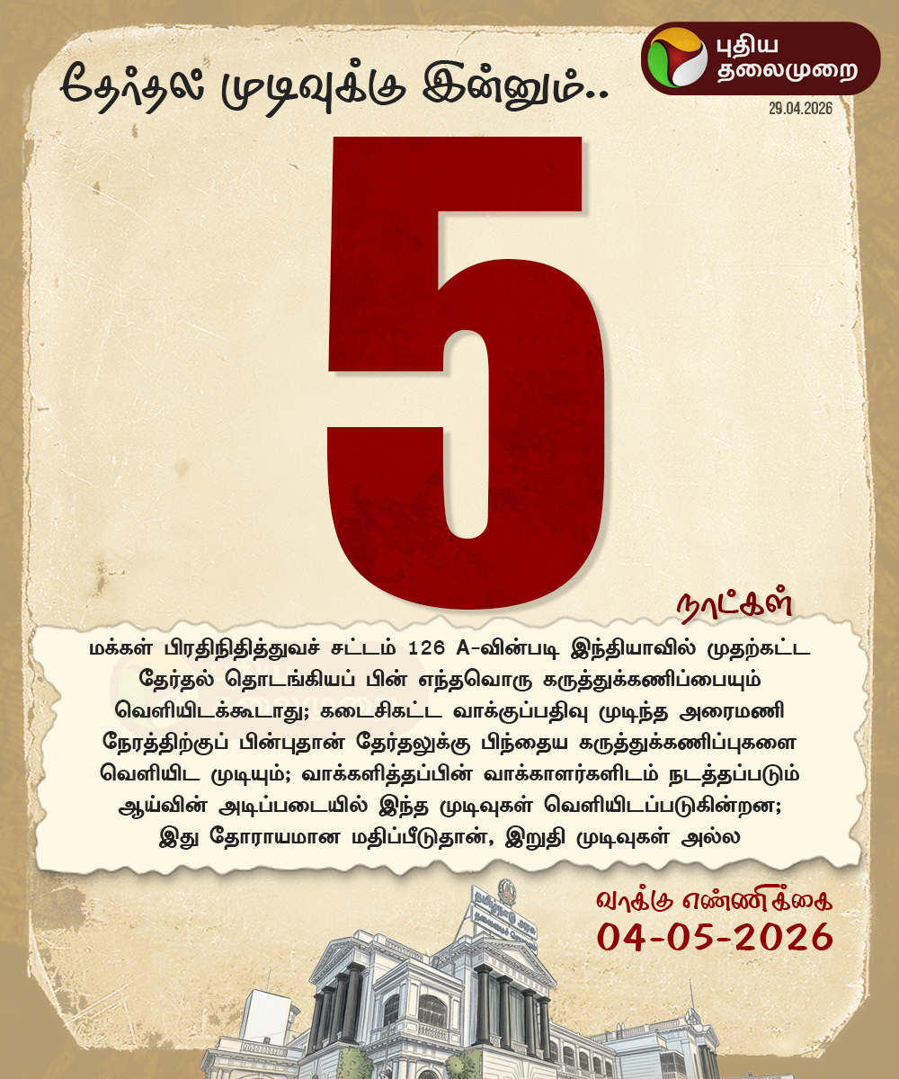 PttvNewsX's tweet photo. தேர்தல் முடிவுக்கு இன்னும் 5 நாட்கள்⌛️

#TamilNadu | #TNElection | #TNElectionResults | #TNAssemblyElection | #ElectionWithPT https://t.co/DuNBll632F