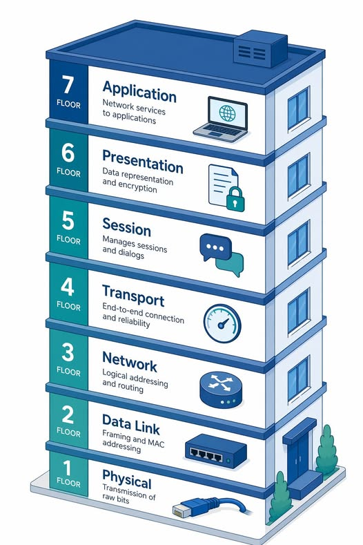 translator_dev's tweet image. Think of a skyscraper — each floor has ONE job.
The OSI model works the same way. 7 layers. 7 responsibilities.
📷 Layer 1 (Physical) = Cables &amp;amp; signals
📷 Layer 3 (Network) = IP addressing &amp;amp; routing
📷 Layer 7 (Application) = What YOU see in the browser
#networking #network