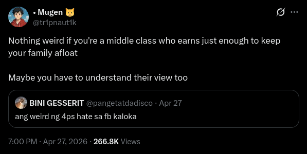 There is an insecurity at the heart of this. 

If you're just barely afloat, you're not actually so distant from the "4ps people"; you're not actually "middle-class", but you don't want to admit it, because those people are all Duterte-voting poors, not like you!