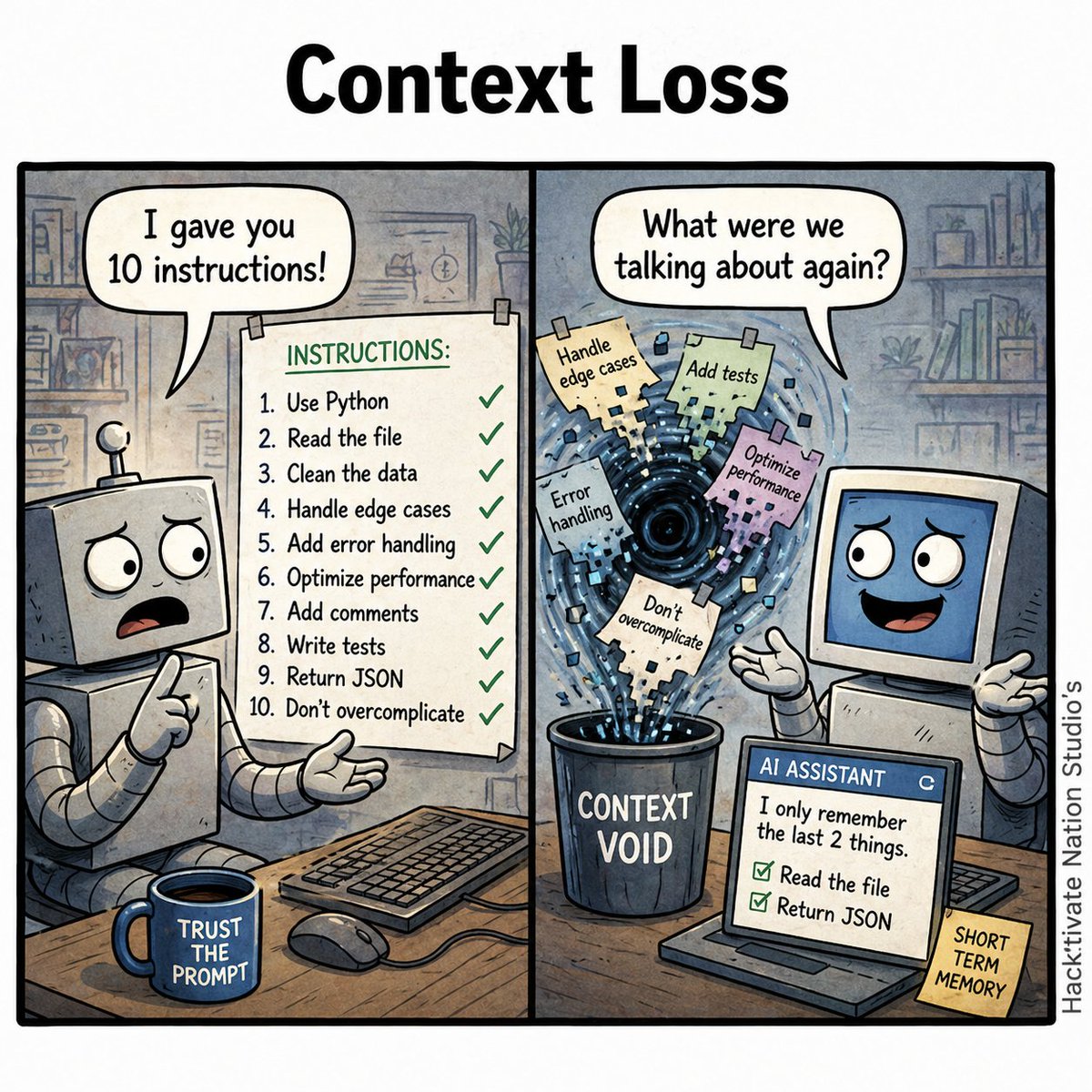 Hacktivate16708's tweet image. I gave it 10 instructions

It remembered 2

🤖🧠 CONTEXT LOSS 💥

The rest?
Gone into the void

👇 What ALWAYS gets forgotten?
edge cases • error handling • tests

#AI #DevLife #MachineLearning #CodingHumor