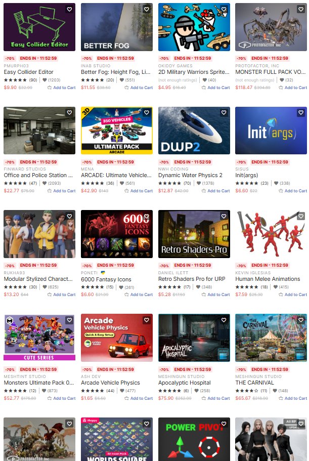 highmix's tweet image. Unityアセットストアにてタイムセール「フラッシュディール」開催中！

日替わりで対象アセットが最大95%OFFと超お得！
24時間ごとに割引率が下がるのでお早めに

セールURL
assetstore.unity.com/?flashdeals=tr…

ブログで紹介中
hobby.c.highmix-w.net/archives/8781

#unity3d #flashdeals #ad #PR