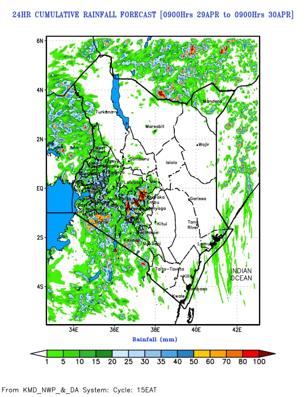 MajimajiKenya's tweet image. Rainfall is expected over several parts of the country with enhanced intensity over the Highlands West and East of the Rift Valley, the North-western and North-Eastern region. @MeteoKenya #Brekko 
It will still rain heavy in most part of Nairobi upto 50mm, so tujipange...