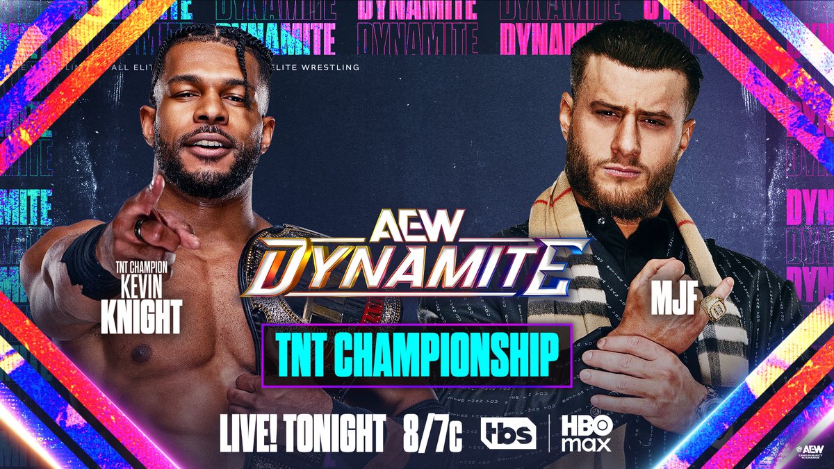 AEW's tweet image. #AEWDynamite
8/7c, TBS + HBO Max
TONIGHT!

TNT Title
@Jet2Flyy vs @The_MJF

Last time MJF fought Knight, The Jet had his number, but Max escaped w/ the win. After their heated exchange on Dynamite, The Jet defends his TNT Title vs MJF to KICK OFF Dynamite, TONIGHT!