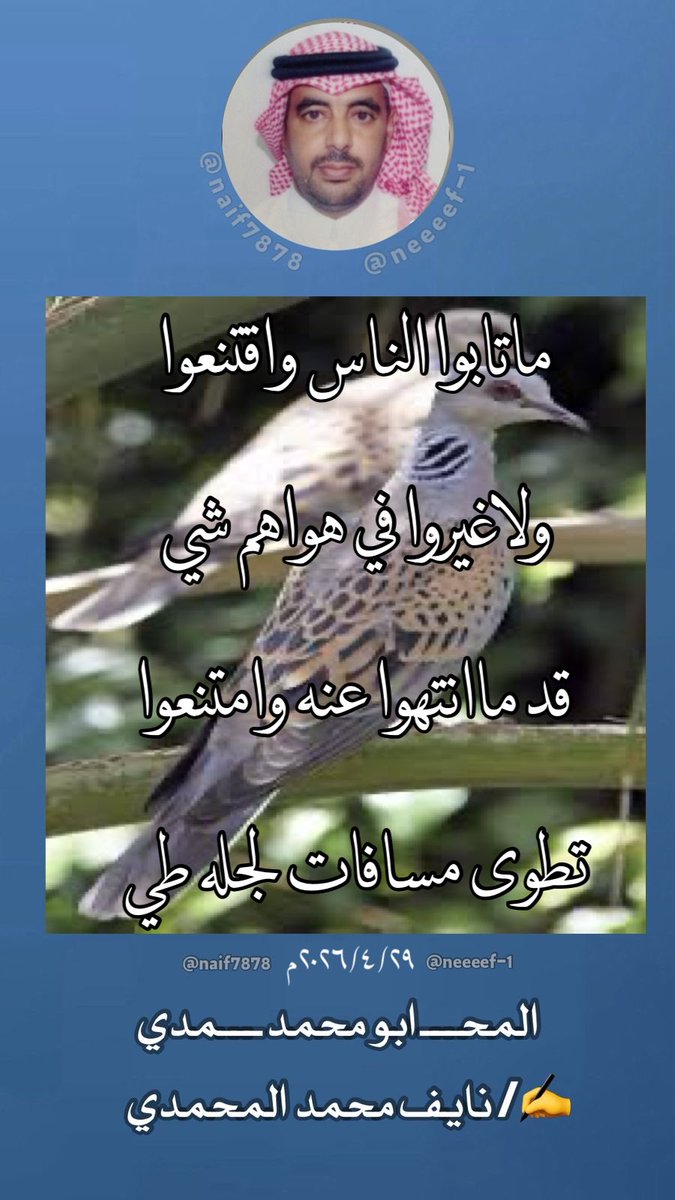 1Neeeef's tweet photo. ماتابوا الناس واقتنعوا
ولاغيروا في هواهم شي
قد ماانتهوا عنه وامتنعوا
تطوى مسافات لجله طي
المحـ ابومحمد ـمدي https://t.co/v3izhTFh4x