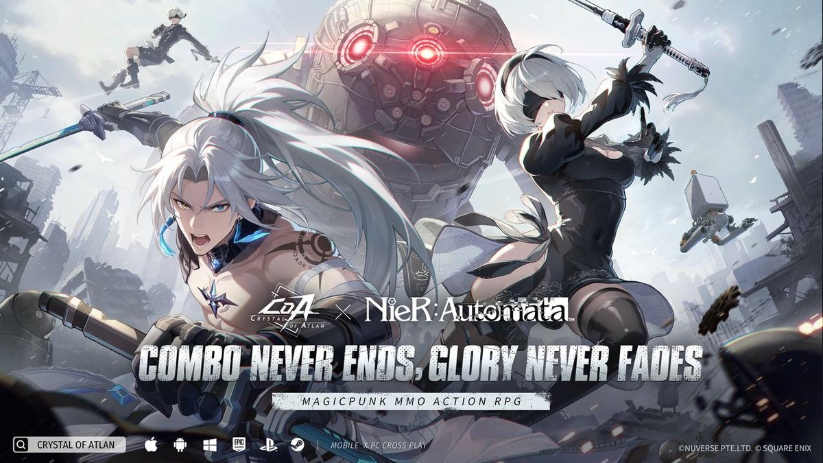 CoA_Global's tweet photo. Crystal of Atlan × NieR: Automata collaboration confirmed!

Powerful enemies controlled by aliens - the Machine Lifeforms - have descended upon Atlan!
Adventurers, rise up and fight back. Take on the role of 2B from the YoRHa forces and defend Atlan until the very last moment.

On May 21, the Crystal of Atlan × NieR: Automata collaboration begins.
Stay tuned!

#CoA
#CrystalOfAtlan
#NieR
#NieRAutomata