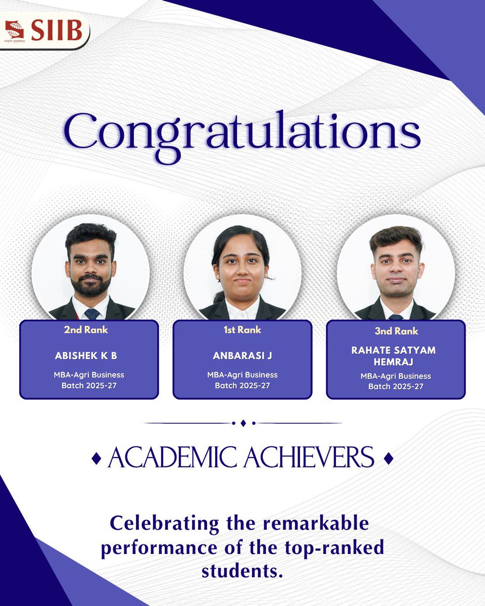 SIIBTweets's tweet photo. SIIB Pune proudly congratulates the MBA Batch 2025–27 for their outstanding academic performance and securing top ranks across International Business, Agri Business &amp; Sustainability Management specialisations! 

@Symbiosistweets 

#SIIB #MBA #Pune #international https://t.co/QD56GpJE7S