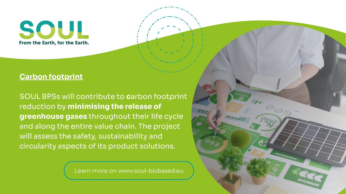 Soul_biobased's tweet image. 🍀  SOUL Bio-Based Product Solutions (BPSs) cut carbon footprints by  minimising greenhouse gases across their entire life cycle. 

We’re assessing safety, sustainability &amp;amp; circularity to provide sector roadmaps.

🔗soul-biobased.eu

#carbonfootprint #sustainability